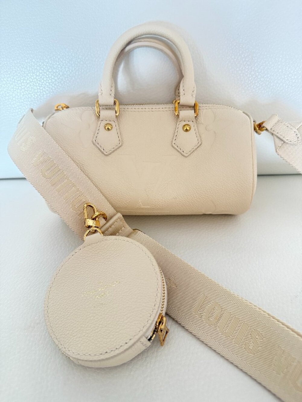 LOUIS VUITTON PAPILLON BB MONOGRAM EMPREINTE LEATHER CREAM GOLD HW W COIN PURSE